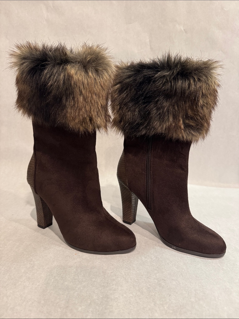 Impo Dark Brown Faux-Fur Cuff Suede Heeled Ankle Boots